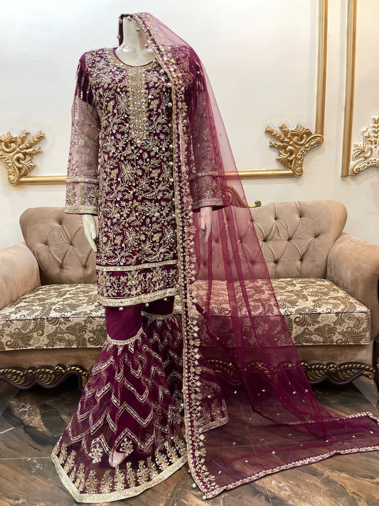 TD-33 - Pure Net Embroidered Gharara dress 3pc